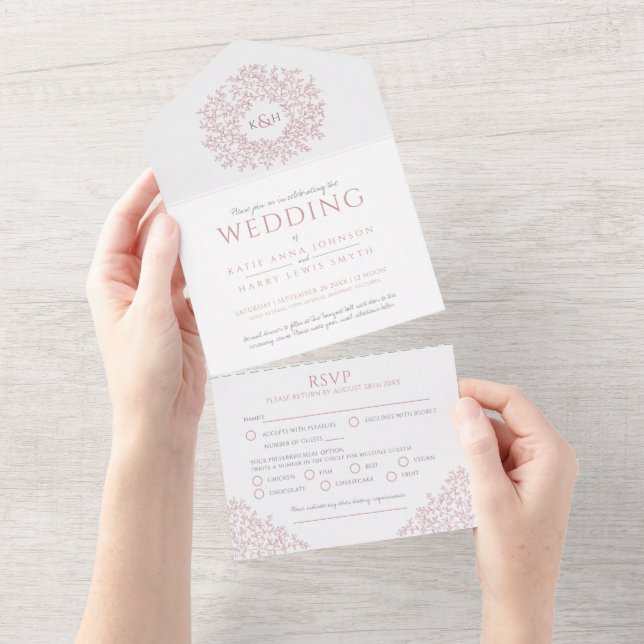 Wedding white muted pink leaves monogram all in one invitation (Tearaway)