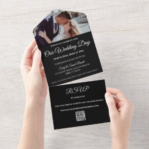 Wedding White Orchids on Black-Photo-QR code- All In One Invitation