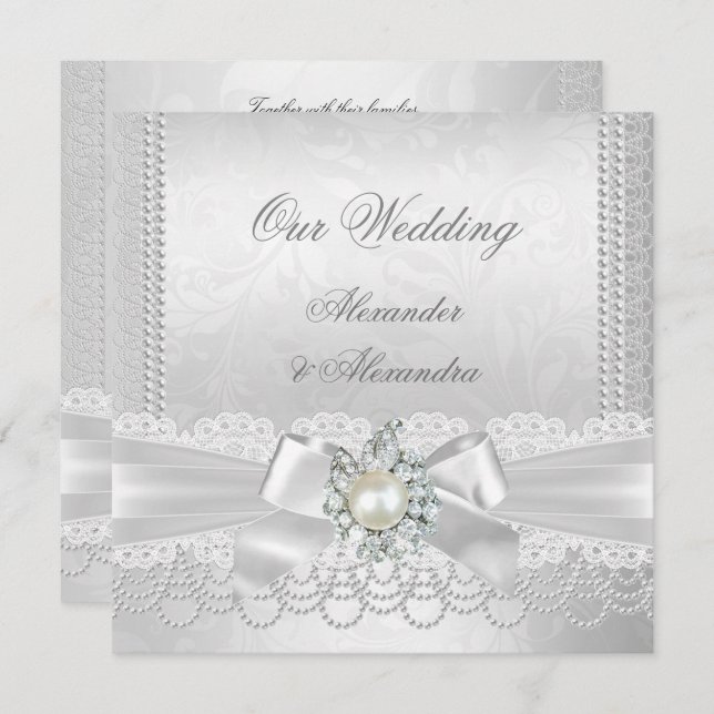 Wedding White Pearl Lace Damask Diamond Silver Invitation (Front/Back)