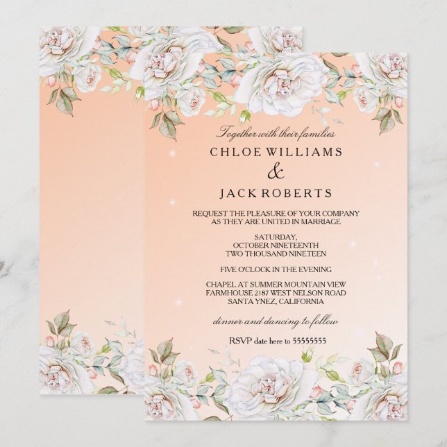Wedding White Pink Coral Rose Bouquet Invitation (Front/Back)