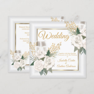 Wedding White Rose Floral Champagne Gold Invitation