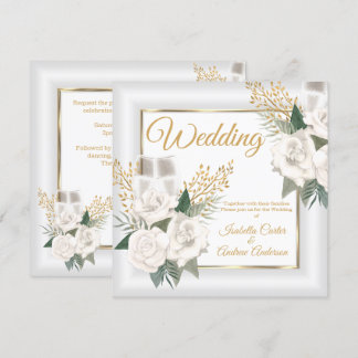 Wedding White Rose Floral Champagne Gold Invitation