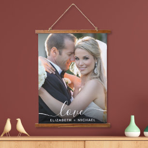 Wedding White Script Photo Overlay Hanging Tapestry