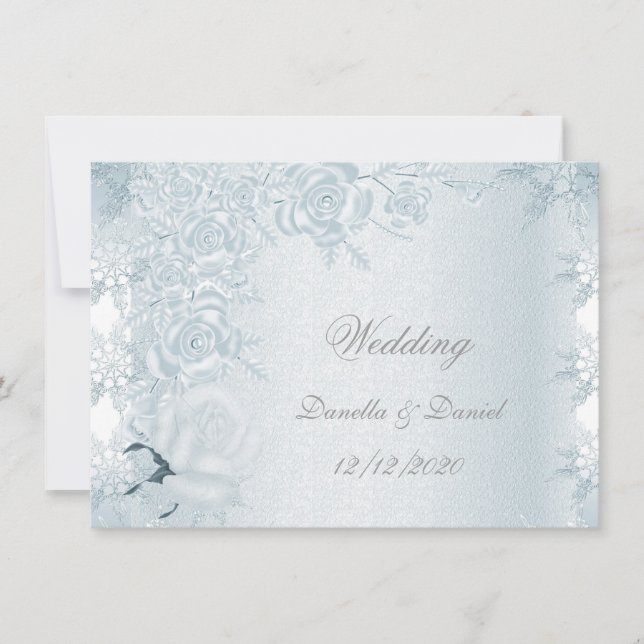 Wedding White Silver Blue Roses Snowflakes Invitation (Front)