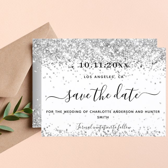 Wedding white silver glitter elegant modern save the date (Creator Uploaded)