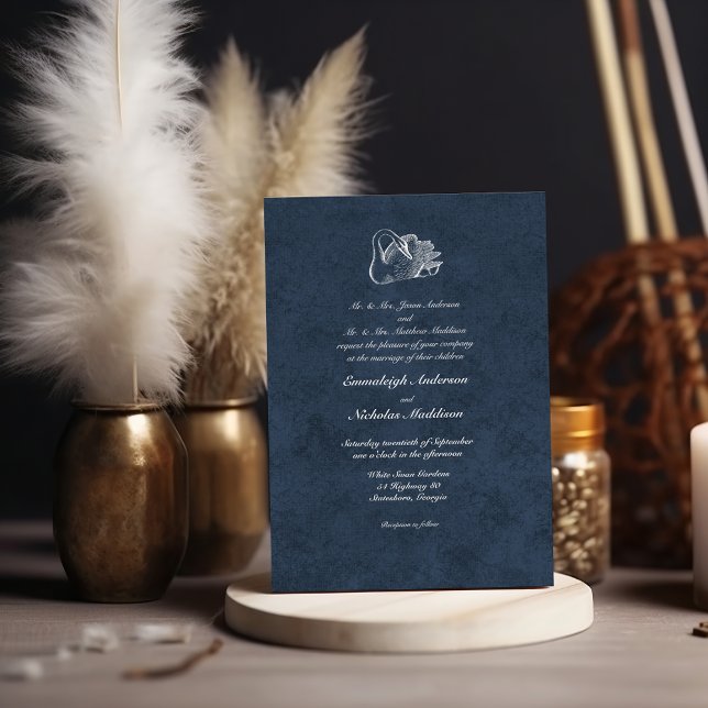 Wedding White Swan Navy Blue Invitation (Creator Uploaded)