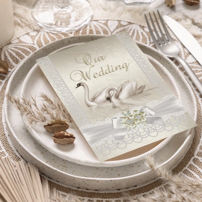 Wedding White swans beige Pearl Lace Photo Invitation (Creator Uploaded)