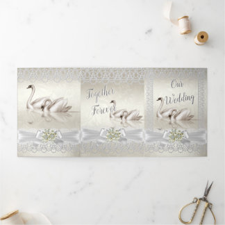 Wedding White Swans Cream Pearl Lace Damask 3 Tri-Fold Invitation