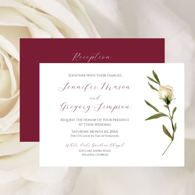 Wedding White Watercolor Rose with Cranberry Invitation (Wedding White Watercolor Rose with Cranberry Invitation)