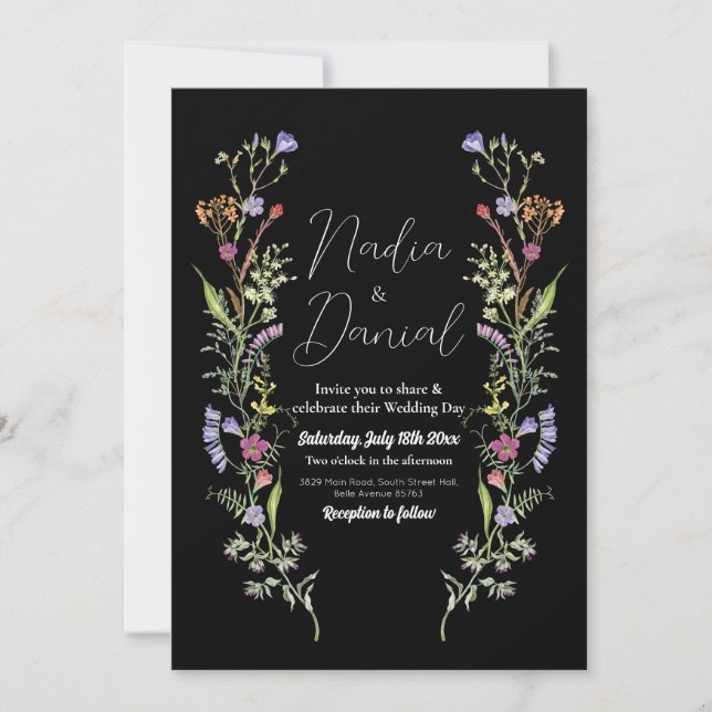 Wedding Wildflowers Floral Ditsy Print Dark Invitation (Front)