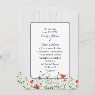 Wedding Wildflowers On Whitewashed Wood Invitation