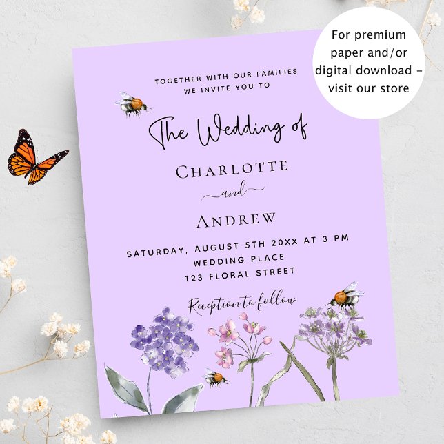 Wedding wildflowers violet bee budget invitation flyer (Creator Uploaded)