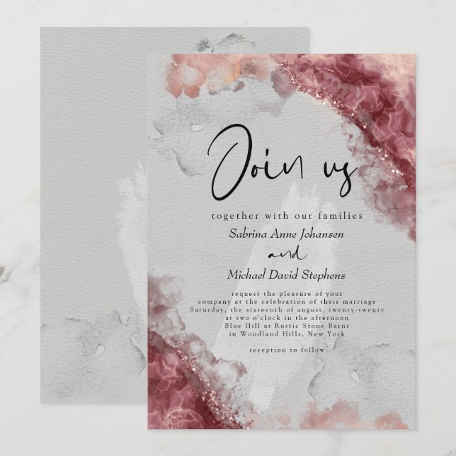 WEDDING | Wine Berry Blush Alcohol Ink Invitation (Front/Back)