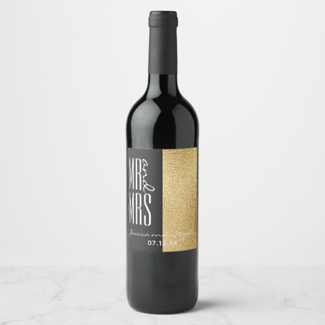 Wedding Wine Bottle Label Elegant Gold and Black (Front)