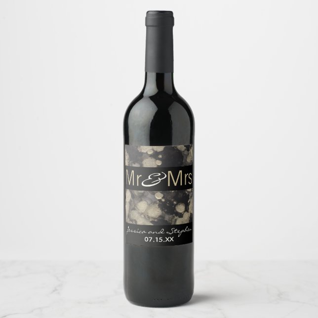 Wedding Wine Bottle Label Shades of Black and Gold (Front)