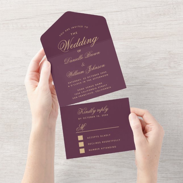 Wedding Wine Colour Golden Elegant Script RSVP All In One Invitation (Tearaway)