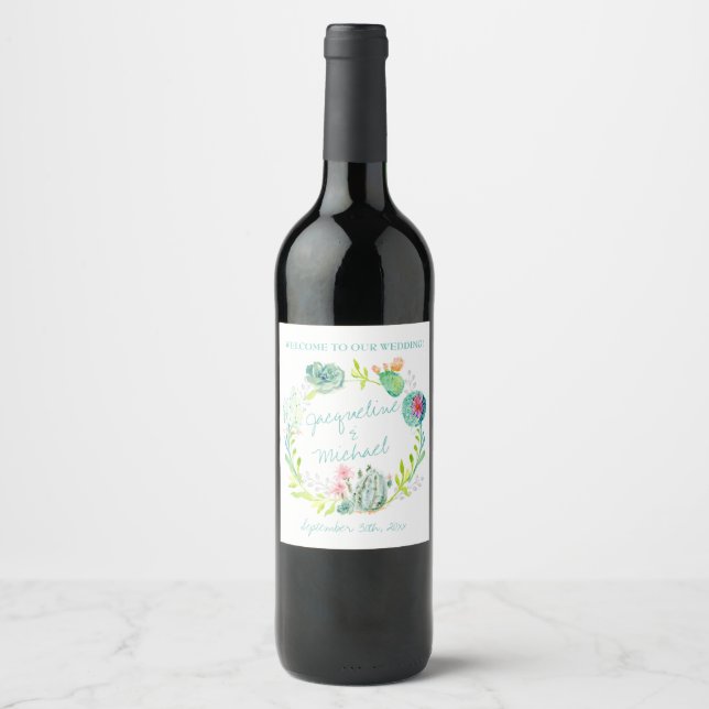 Wedding Wine Desert Cactus Wreath Boho Western Art Wine Label (Front)