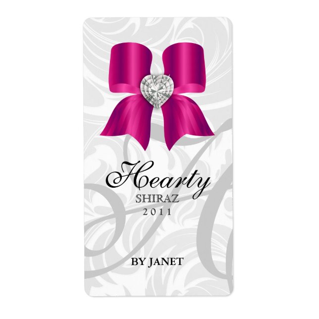 Wedding Wine Label Jewel Bow Heart Pink (Front)