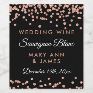 Wedding Wine Label Rose Gold Glitter Confetti Blac