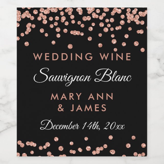 Wedding Wine Label Rose Gold Glitter Confetti Blac (Single Label)