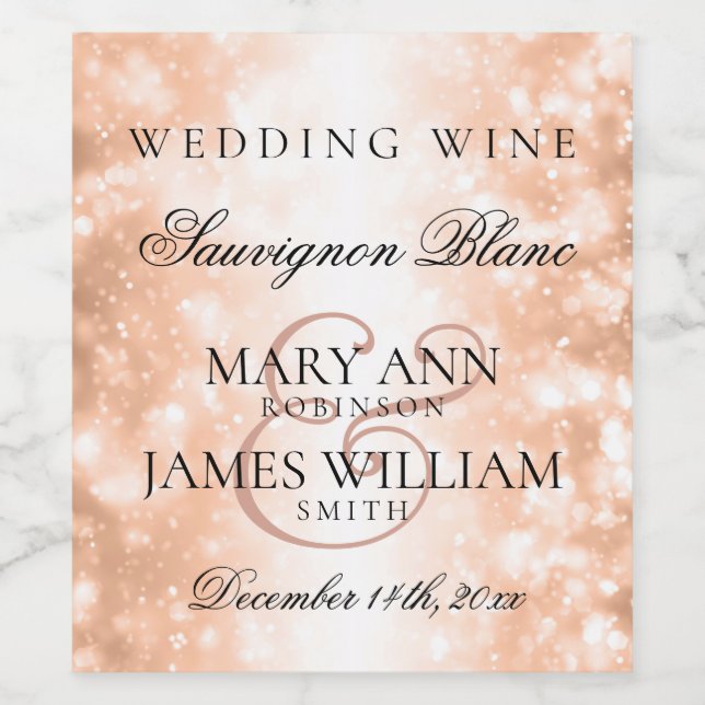 Wedding Wine Label Rose Gold Shimmer Lights (Single Label)