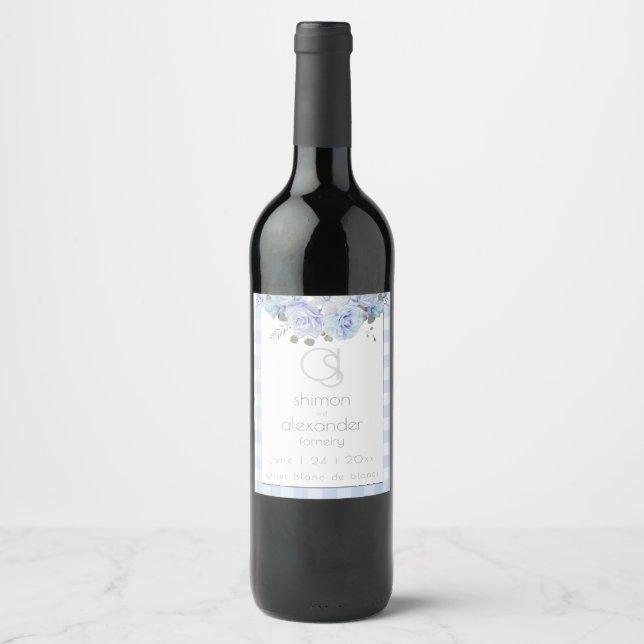 Wedding Wine | Monogram Blue Gingham Floral Wine Label (Front)