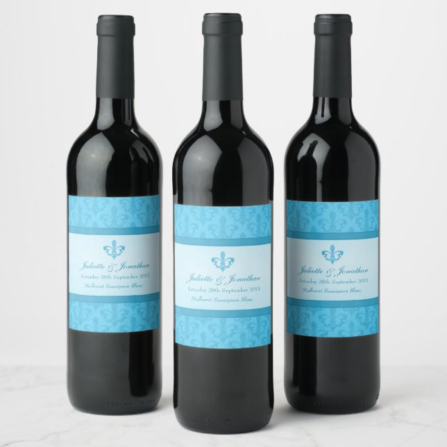 Wedding wine personalized label fleur de lis blue (Bottles)