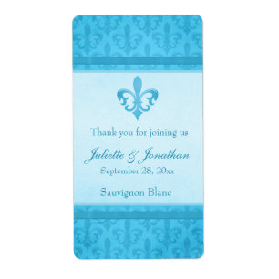 Wedding wine personalized label fleur de lis blue