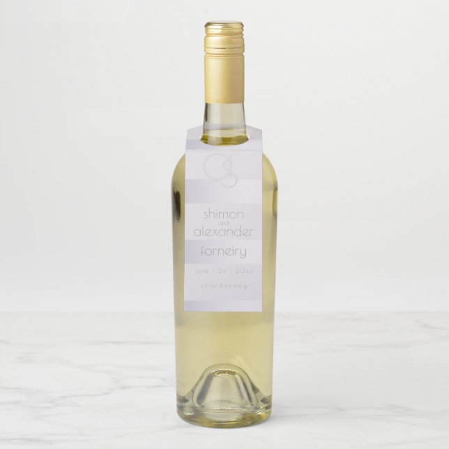 Wedding Wine | Violet Silver  Stripes Monogram Bottle Tag (On Bottle)