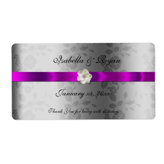 Wedding Wine Water Label Purple Ribbon &  Flowers (Front)
