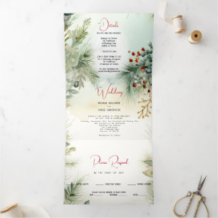 Wedding   Winter Watercolor Greenery  Tri-Fold Invitation