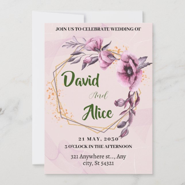 Wedding with pink watercolor flowers,gold frame invitation (Front)