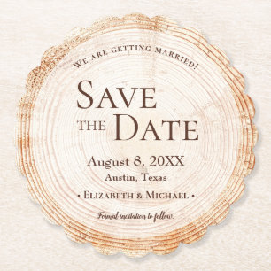 Wedding Wood cut slice tree bark save the date Paper Coaster