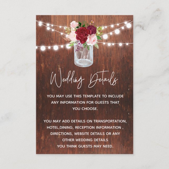 Wedding Wood Mason Jar Burgundy Details Enclosure Card (Front)