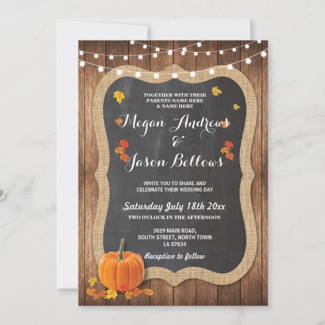Wedding Wood Rustic Pumpkin Fall Chalk Invitation (Front)