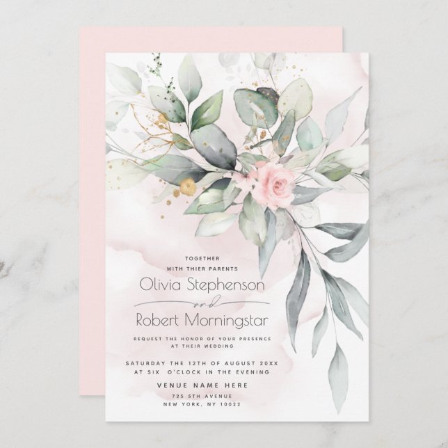 Wedding | Woodland Greenery Boho Pink Rose Invitation (Front/Back)