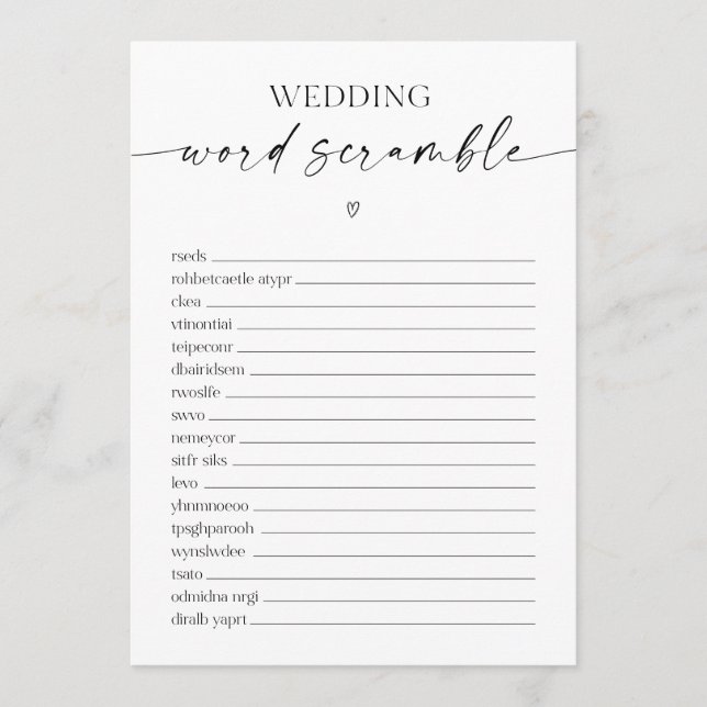 Wedding Word Scramble Bridal Shower Game Program (Front)