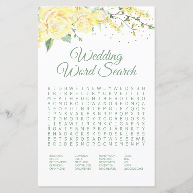 Wedding Word Search Yellow Roses Shower Game (Front)