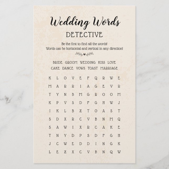 Wedding words Search Table Game Calligraphy Rustic (Front)