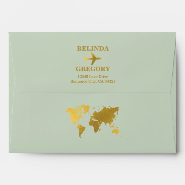 Wedding World Passport Sage Green Gold Invite Envelope (Back (Top Flap))