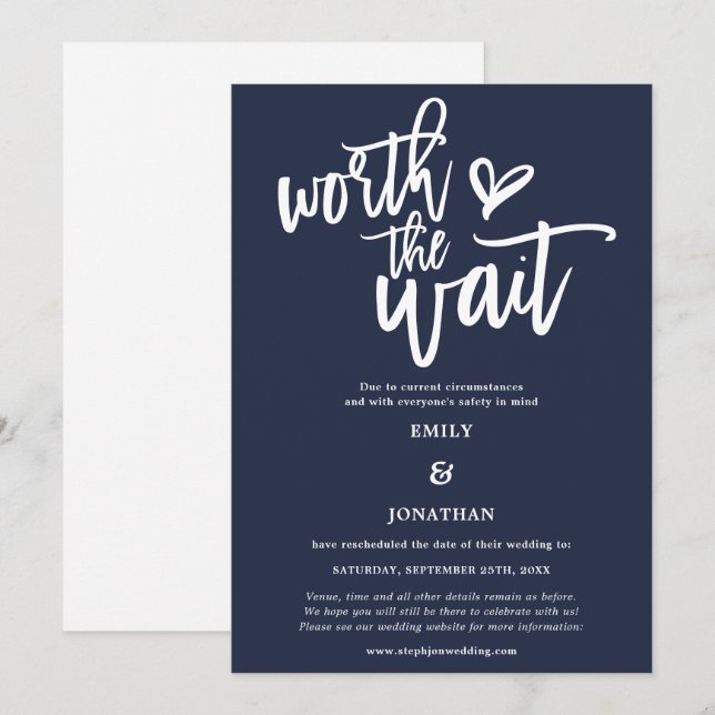Wedding Worth the Wait Script Navy White Save The Date (Front/Back)