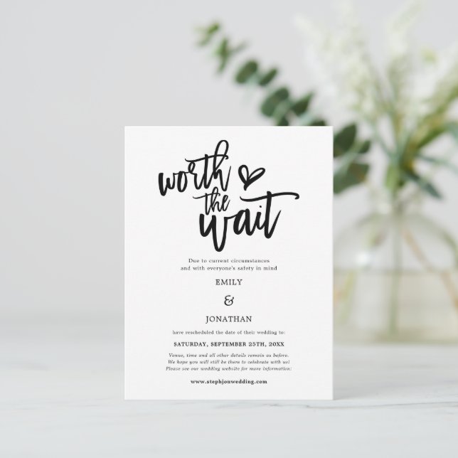 Wedding Worth the Wait Script Save the Date Announcement Postcard (Standing Front)