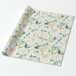 Wedding Wrapping Paper Large Floral<br><div class="desc">Wedding Wrapping Paper Green White Large Floral Watercolor. White and cream roses with green and gold foliage.</div>