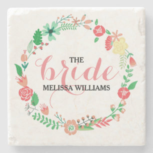 Wedding Wreath Colourful Flowers Custom Text Stone Coaster