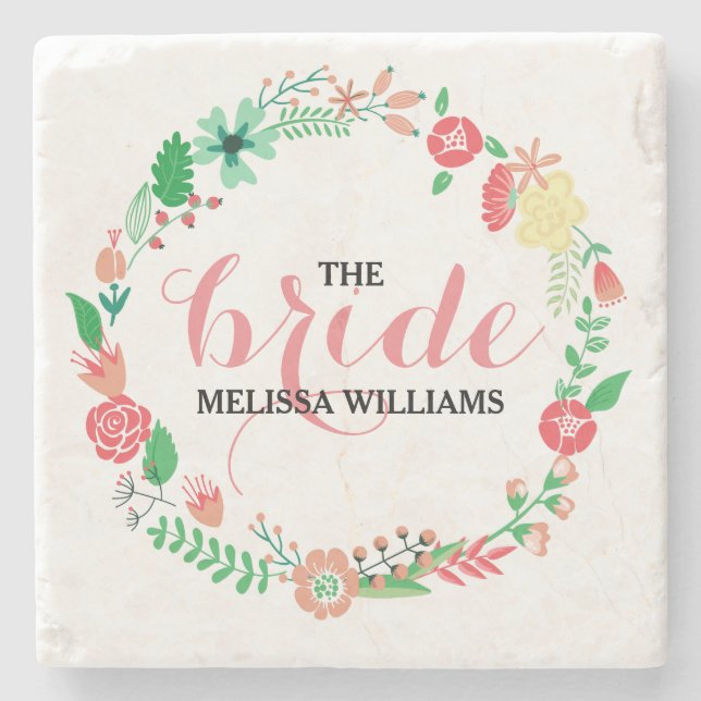 Wedding Wreath Colourful Flowers Custom Text Stone Coaster (Front)