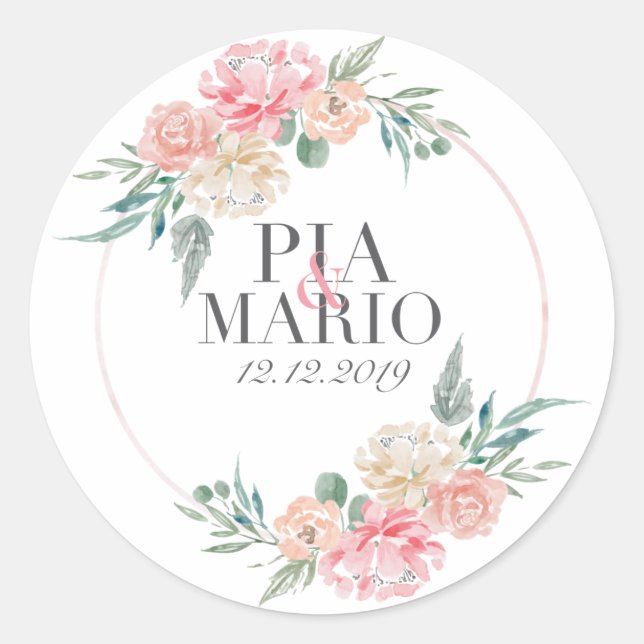 Wedding Wreath Logo with couple name and date Classic Round Sticker (Front)