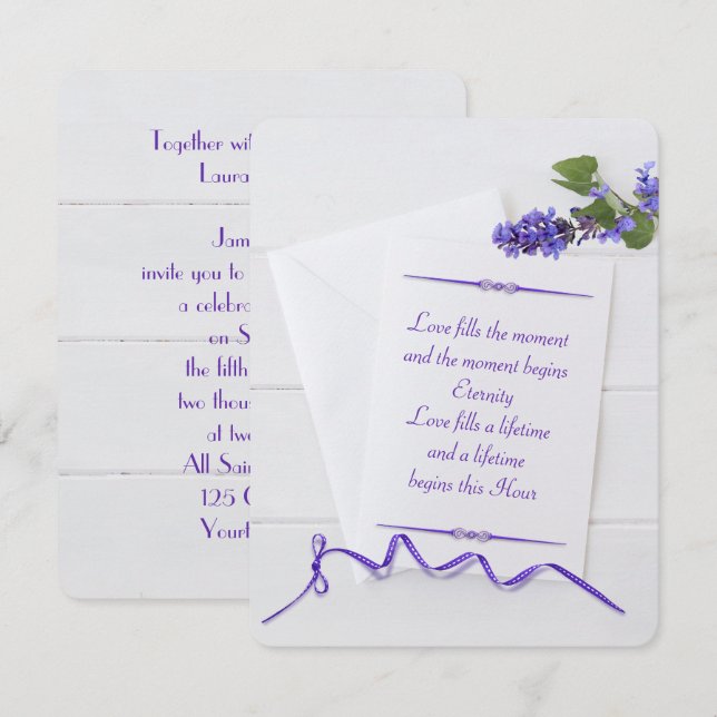 weddingwhite stationery on wood with purple ribbon invitation (Front/Back)