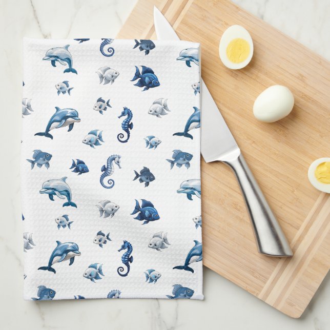 Wedgewood Blue Ocean Creatures! Kitchen Towel (Quarter Fold)