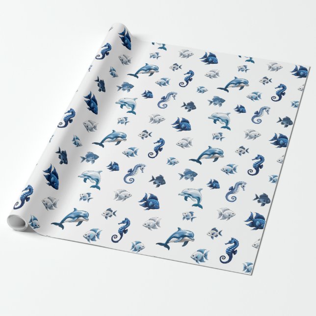 Wedgewood Blue Ocean Creatures! Wrapping Paper (Unrolled)