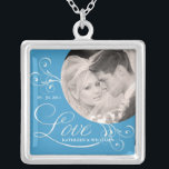 Wedgewood Blue Wedding Photo Pendant Necklace<br><div class="desc">ADD YOUR PHOTO -- Elegant and romantic personalized Engagement and Wedding Photo Necklaces, with a touch of vintage charm. Wedgewood china blue trimmed with light and delicate Victorian swirls and beautifully stylized script text. Just add the Bride and Groom's name to fit neatly into the open framed LOVE typography to...</div>